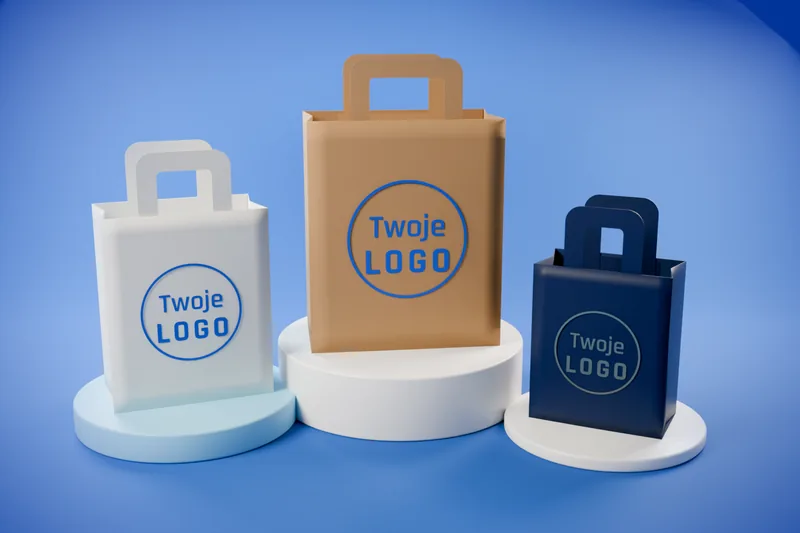 Torby papierowe z uchwytem płaskim z nadrukiem Twoje logo: kraft, biała i granatowa
